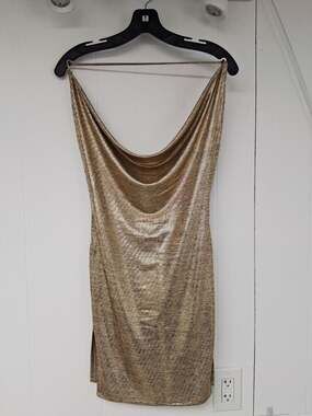 HCB Gold Liquid Metallic Cowl Neck Backless Mini Dress